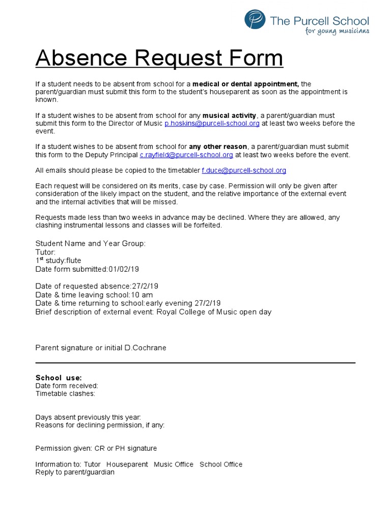 Absence Request Form: School Use | PDF