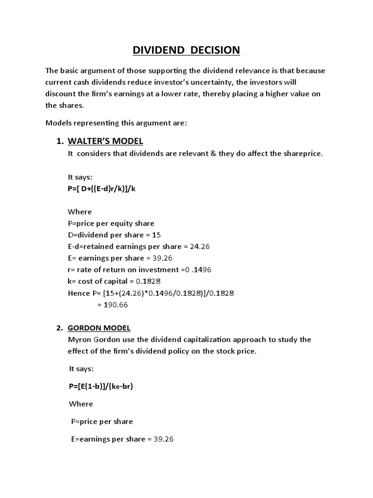 Dividend Decision 1 Walter S Model Pdf Dividend Capital Structure