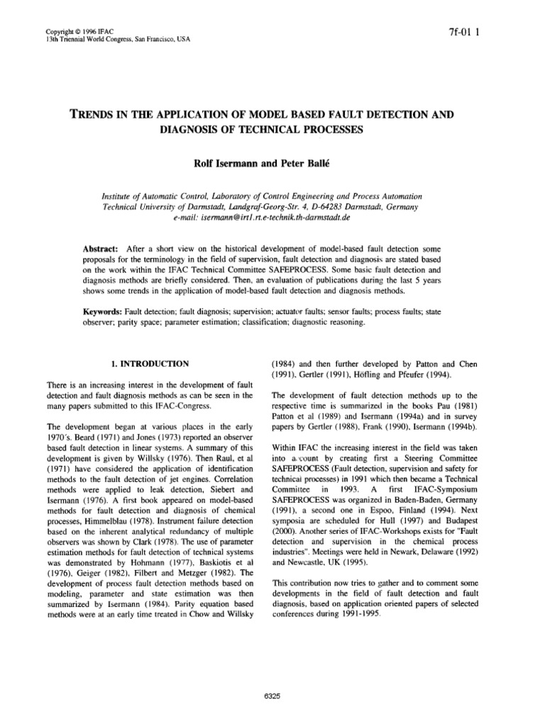 Trends in The Application of Model Based Fault Detection and Diagnosis