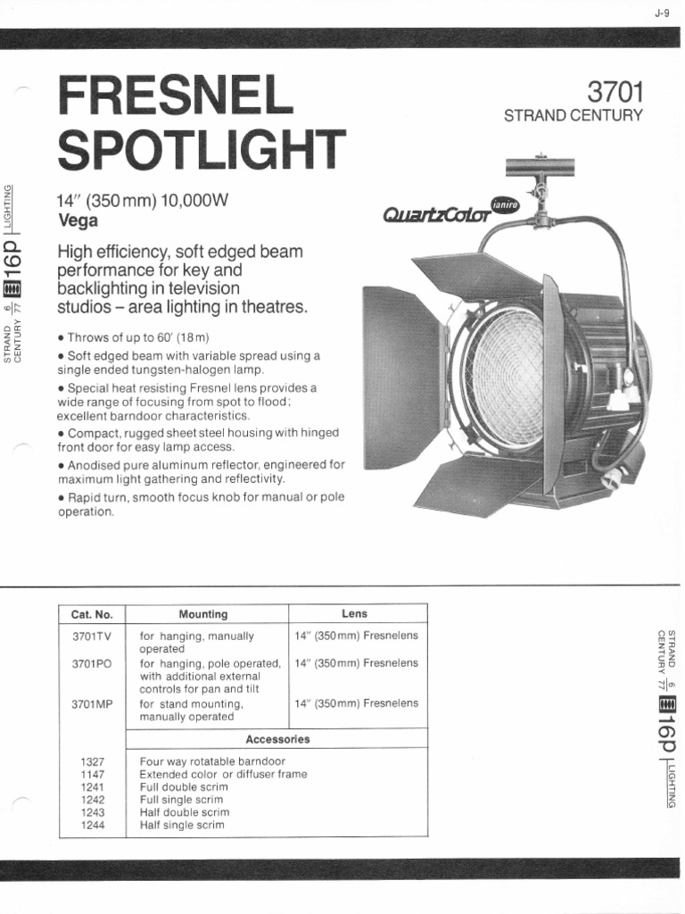 Strand Century Lighting 3701 Vega 14-Inch Fresnel Spotlight Spec Sheet ...