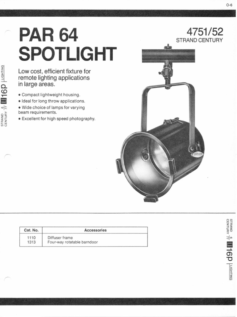 Strand Century Lighting 4751-4752 PAR 64 Spotlight Spec Sheet 6-77 ...