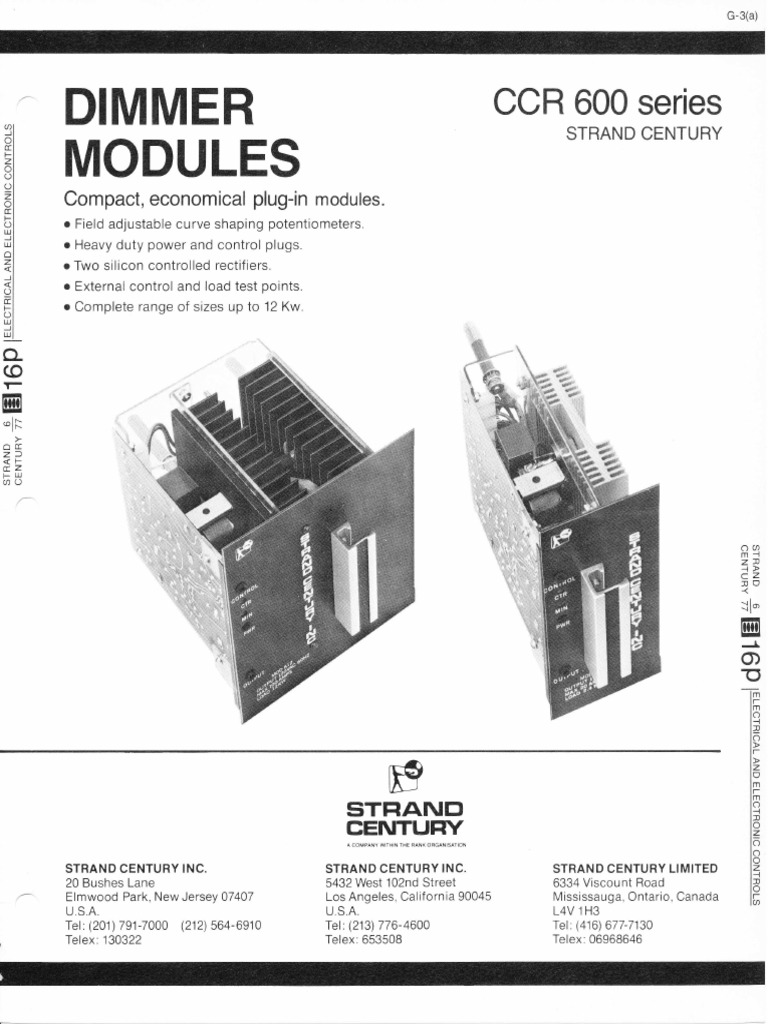 Strand Century Lighting CCR 600 Series Dimmer Modules Spec Sheet 6-77 ...