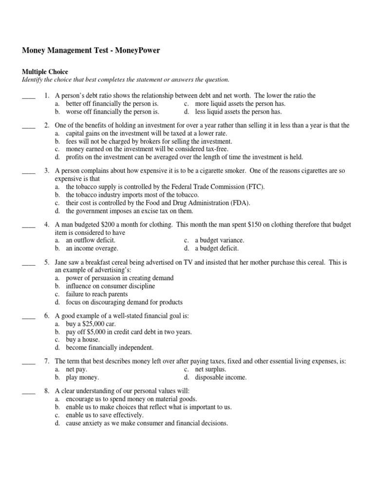 Money Management Practice Test | PDF | 401(K) | Individual Retirement ...