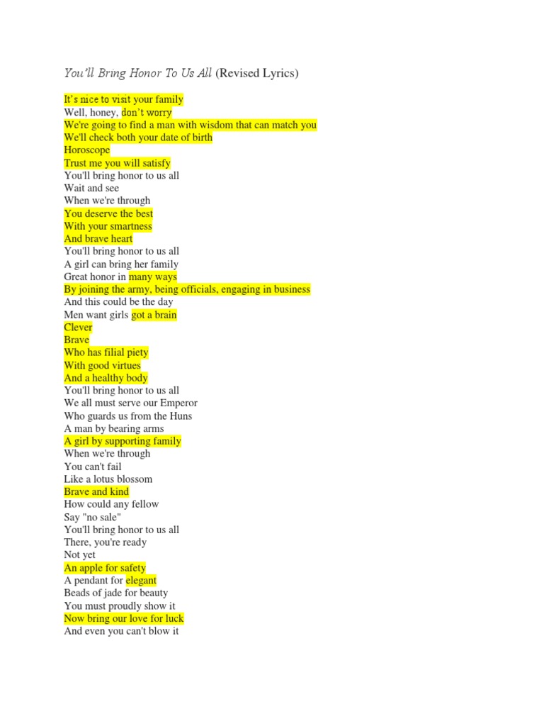 Youll Bring Honor To Us All Revised Lyrics | PDF | Cooking, Food &amp; Wine