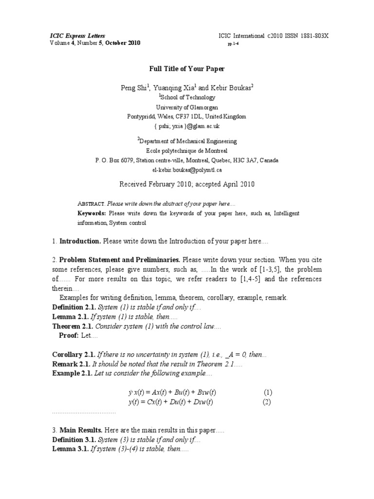 Icic Express Letters Icic International | PDF | Control Theory | Theorem