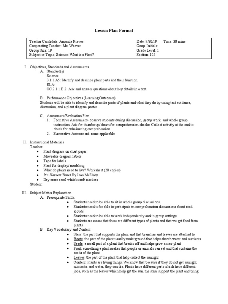 Plant Parts Lesson Plan for Grade 1 | PDF | Reading Comprehension ...