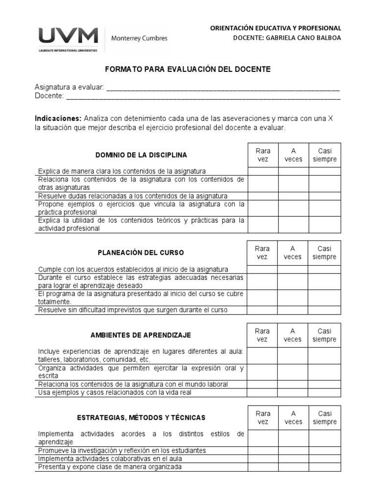 FORMATO PARA EVALUACIÓN DEL DOCENTE | PDF | Salón de clases | Aprendizaje