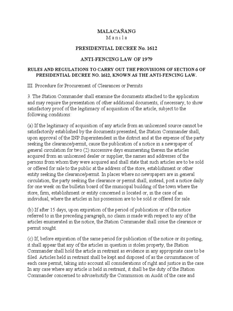 ANTIFENCING LAW OF 1979 Part62 PDF Concealed Carry In The United