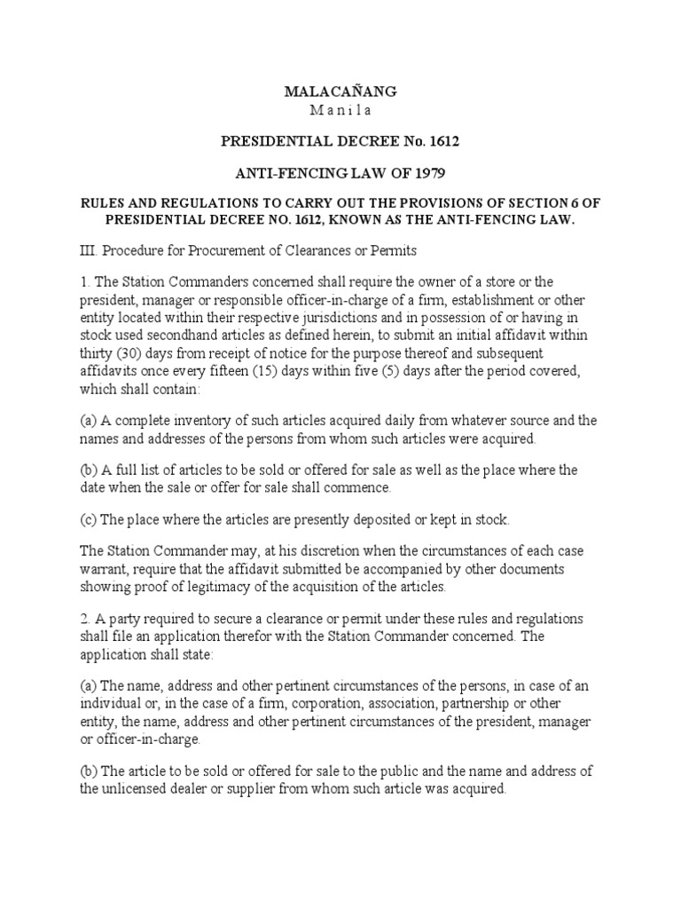 ANTIFENCING LAW OF 1979 Part61 PDF