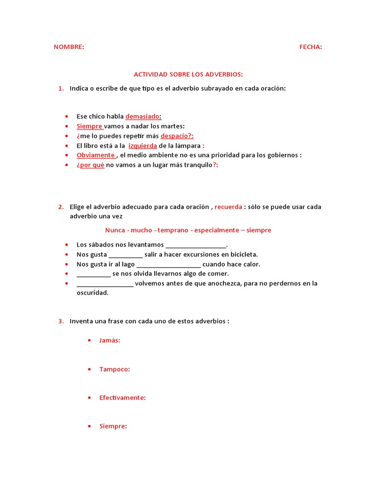 Actividad de Adverbios y Ejercicios | PDF | Artes del Lenguaje y ...