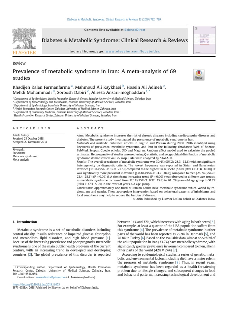Prevalence of Metabolic Syndrome in Iran A Meta-Analysis of 69 Studies ...