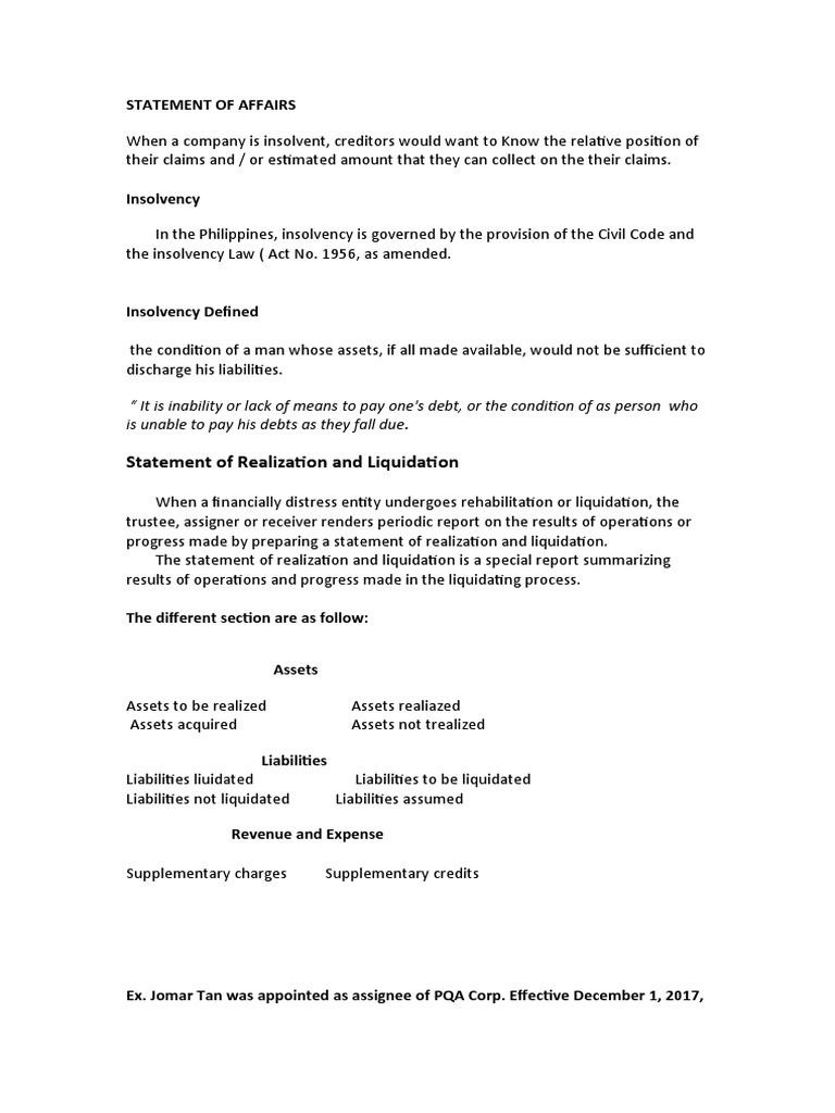 Statement of Realization and Liquidation | PDF | Bankruptcy | Balance Sheet