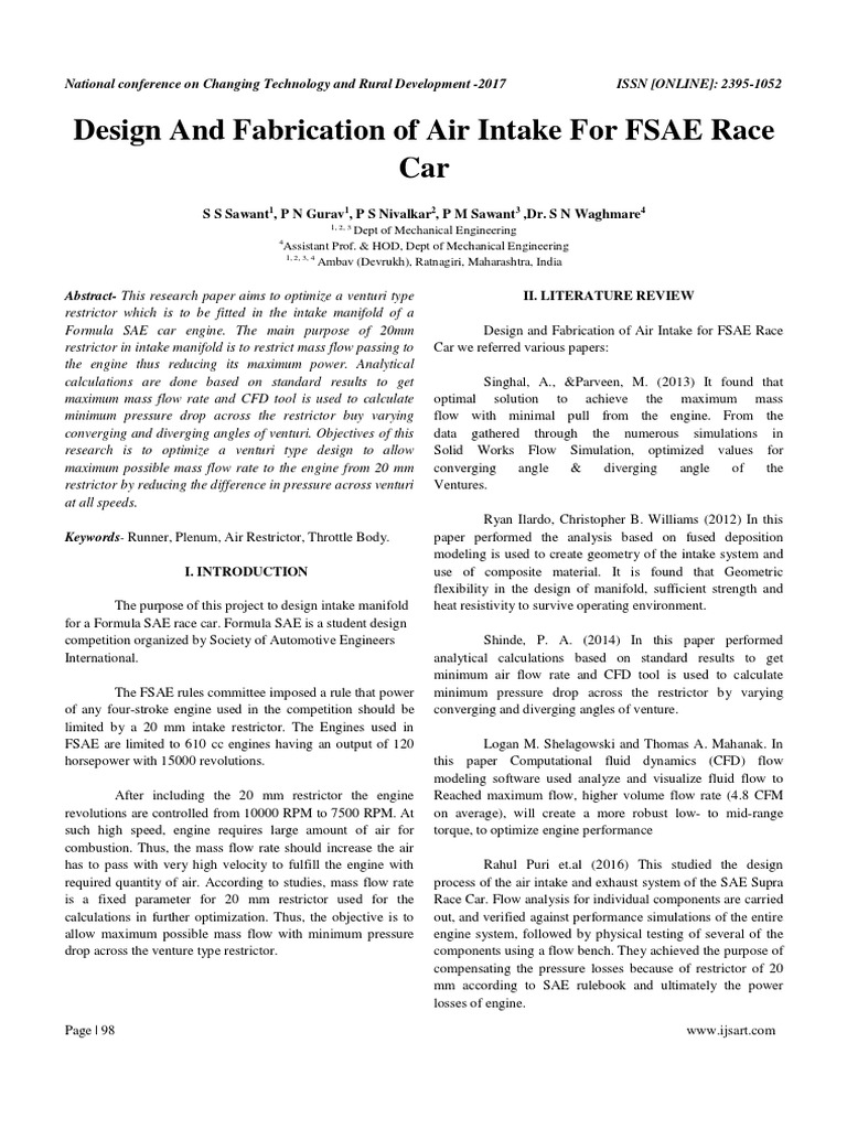 Design and Fabrication of Air Intake For FSAE Race Car | PDF | Fluid ...