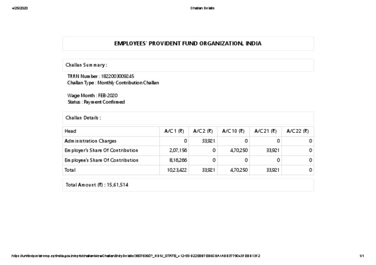 EPFO Monthly Contribution Challan FEB-2020 | PDF