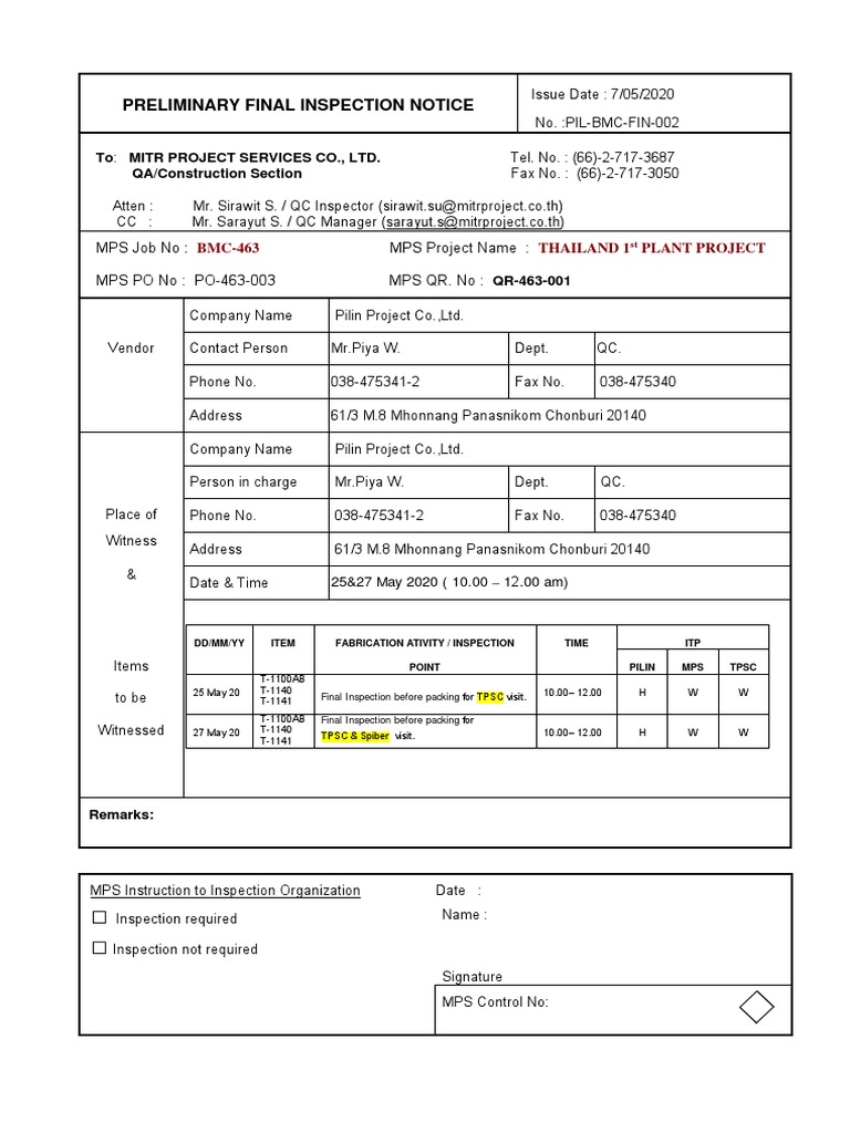 Final Inspection Notice for TPSC Visit | PDF | Quality | Business Process