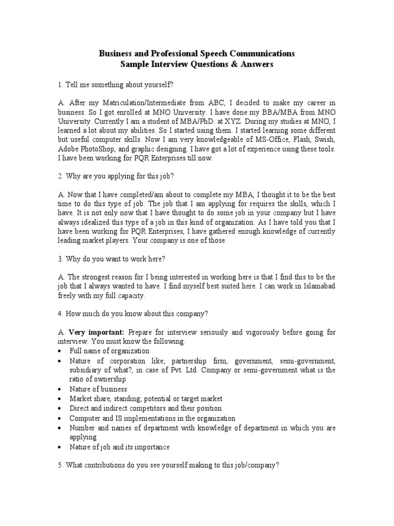 Business and Professional Speech Communications Sample Interview ...