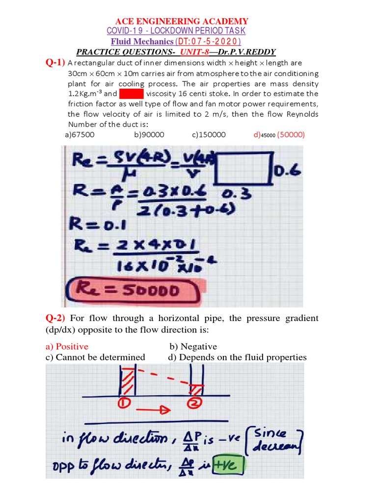 Fluid Mechanics Practice Questions | PDF | Reynolds Number | Fluid Dynamics