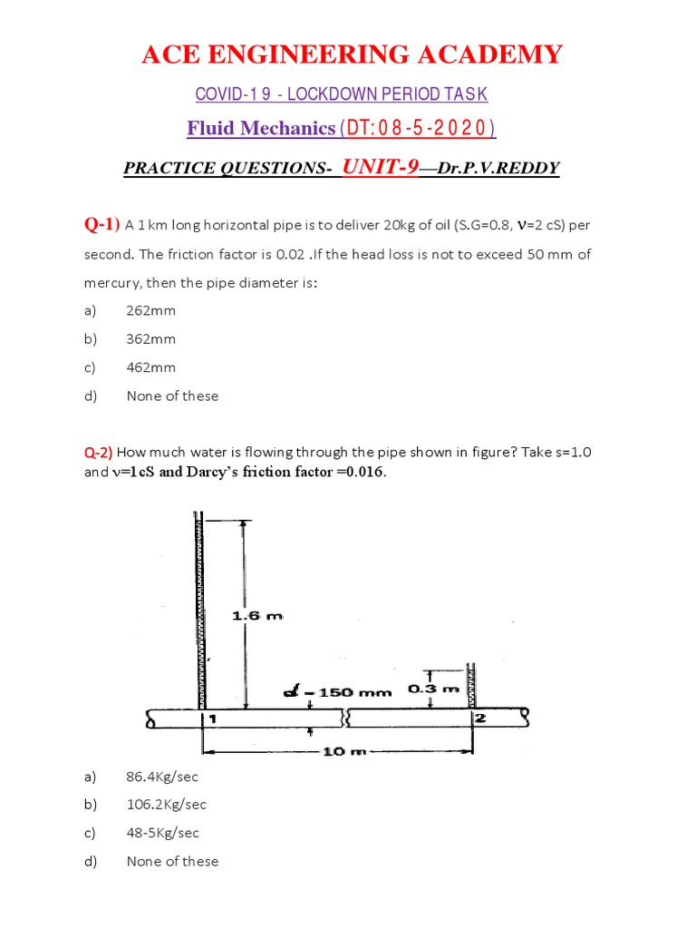 Fluid Mechanics Practice Questions | PDF | Reynolds Number | Fluid Dynamics