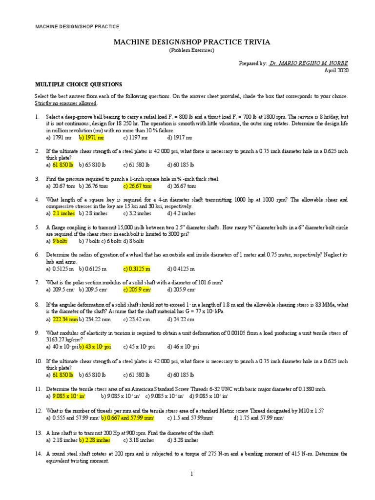 Machine Design Practice Questions | PDF | Gear | Belt (Mechanical)