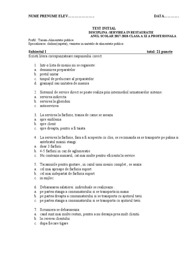 Test Initial Xi A Profesionala Servirea in Restauratie | PDF