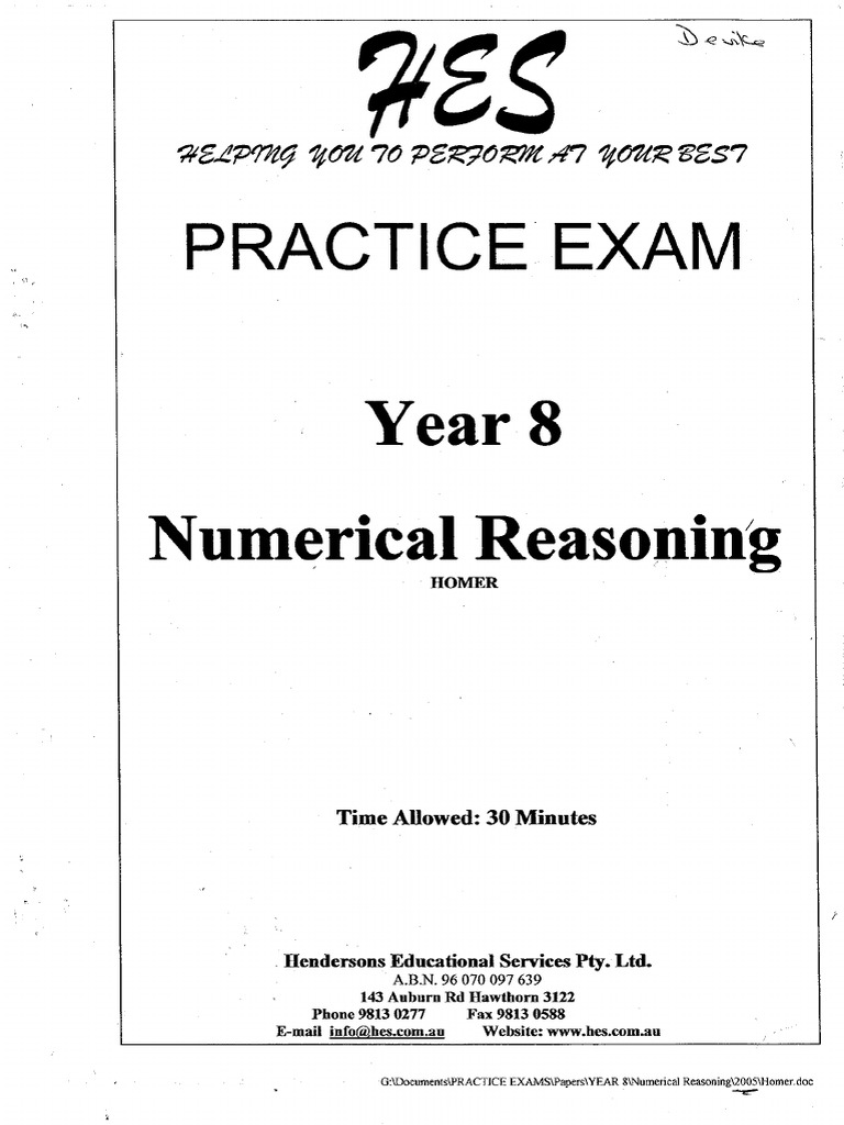 Year 8 Hendersons Numerical Reasoning Exam | PDF