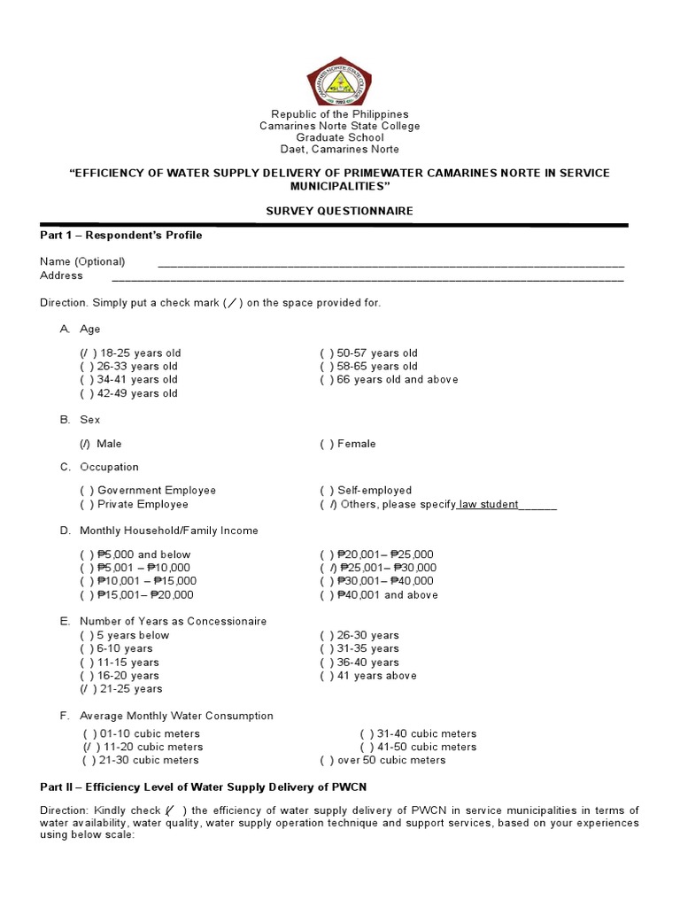 "Efficiency of Water Supply Delivery of Primewater Camarines Norte in Service Municipalities