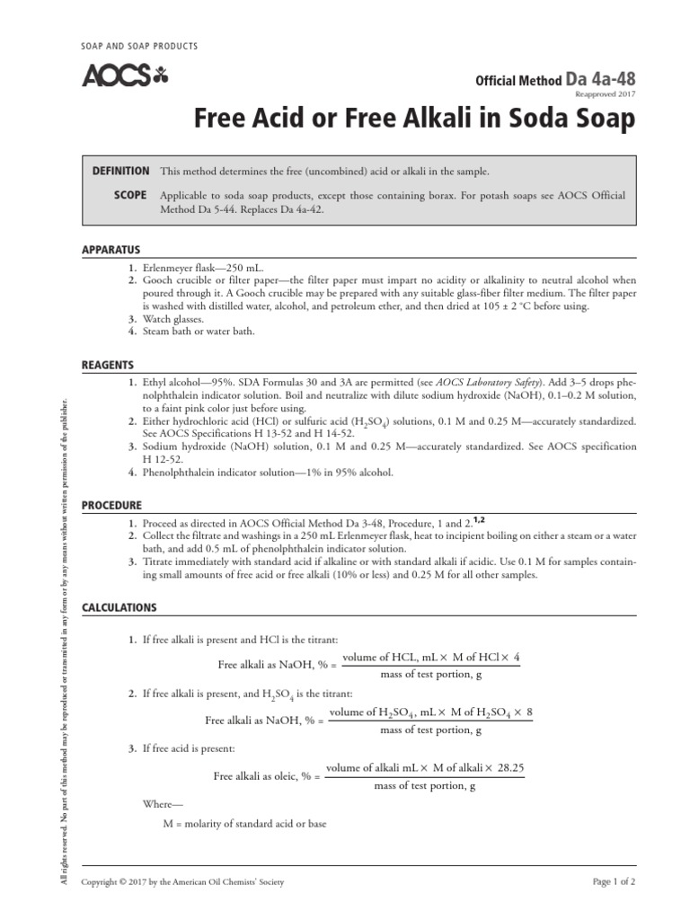 Free Acid or Free Alkali in Soda Soap Official Method PDF Solvent