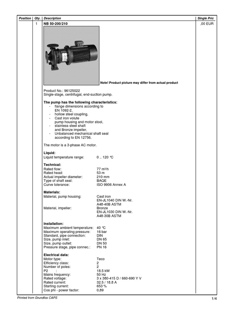 Grundfos NB 50-200/210 Pump Specs | PDF | Pump | Electric Motor