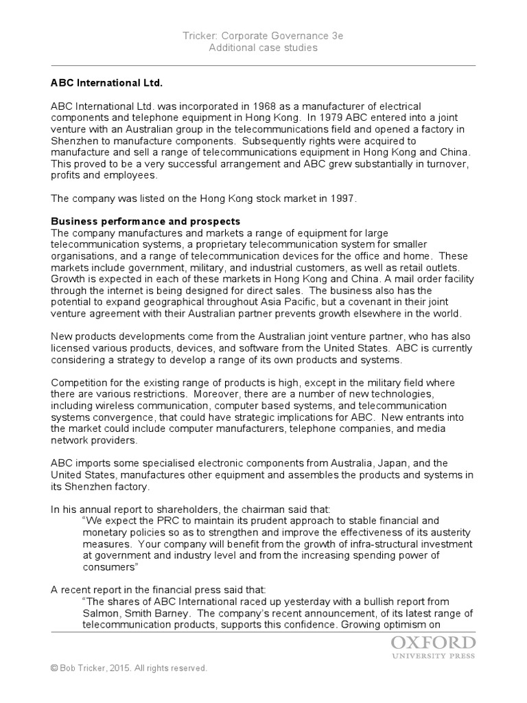 ABC International LTD.: Tricker: Corporate Governance 3e Additional ...