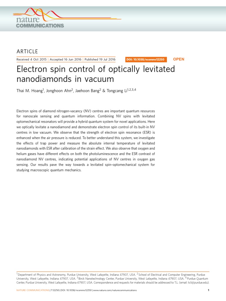 Spin Control On Nitrogen Vacancy | PDF | Electron Paramagnetic ...