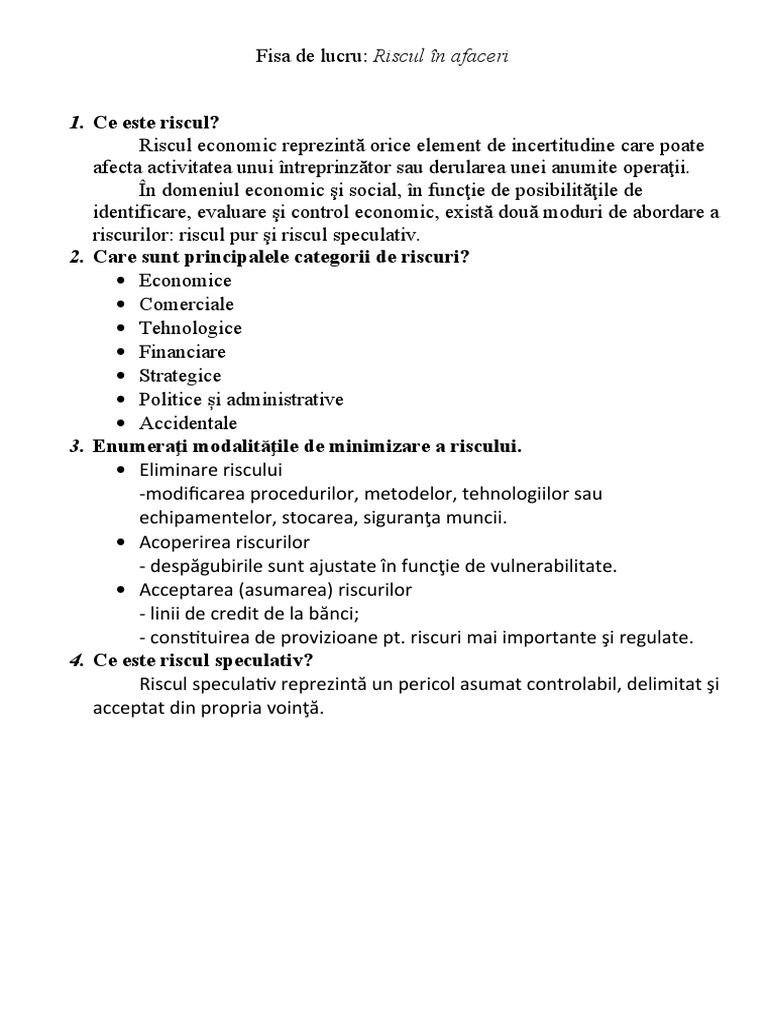 Fisa de Lucru - Riscul in Afaceri | PDF