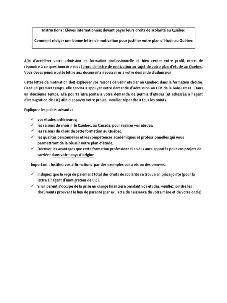 Lettre De Motivation Eleves Internationaux1 Pdf Canada Quebec