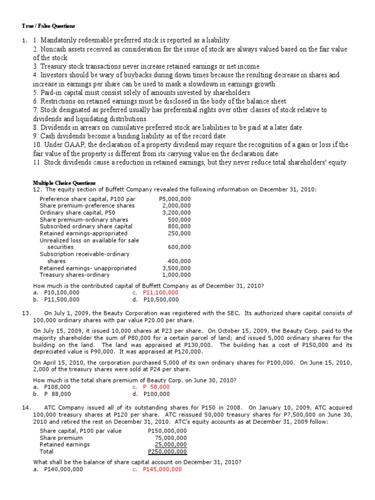 True / False Questions | PDF | Dividend | Retained Earnings