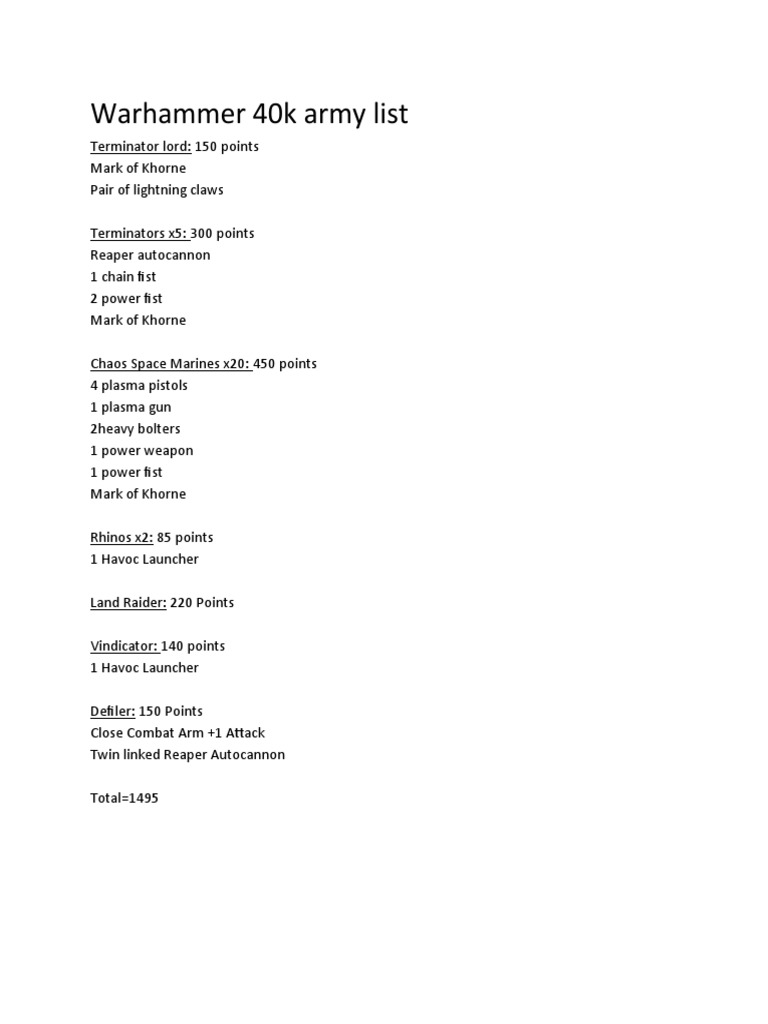Khorne Army List for Warhammer 40k | PDF