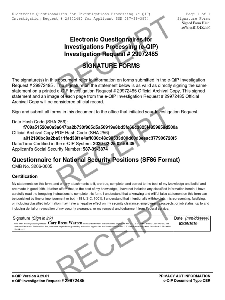 e-QIP Request 29972485 CER Receipt PDF | PDF | Government Information ...