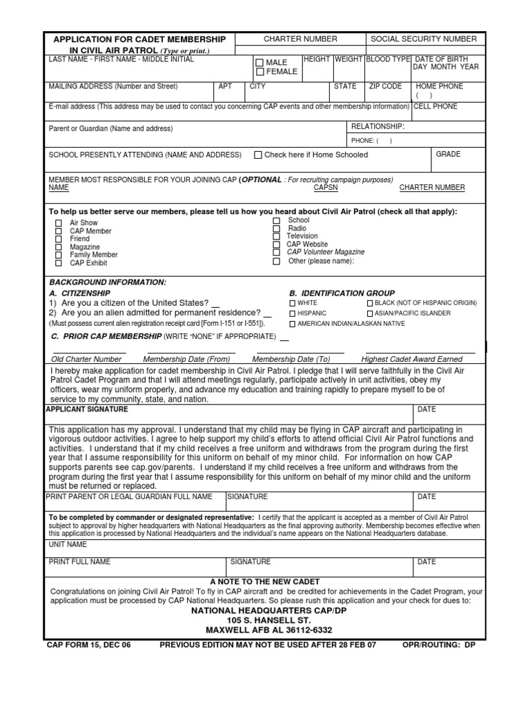 Application For Cadet Membership in Civil Air Patrol: (Type or Print ...