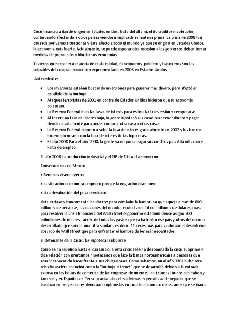 Crisis Financiera de 2008: Causas y Consecuencias | PDF | Hipoteca ...