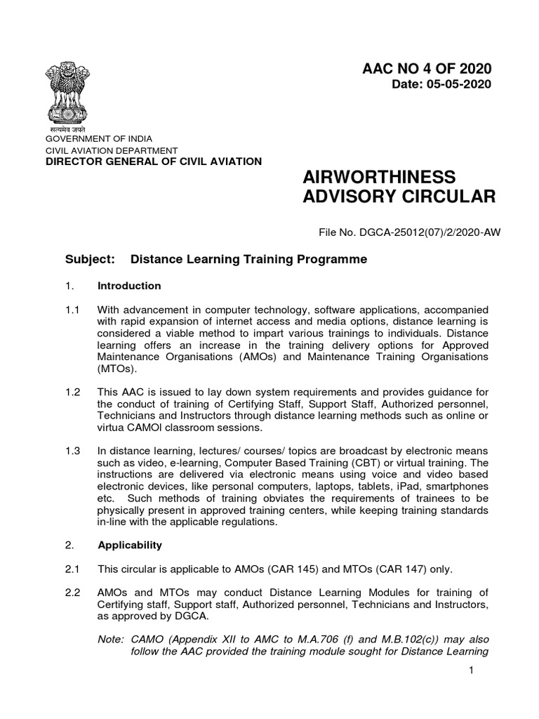 Airworthiness Advisory Circular Date 05052020 PDF Educational Technology Distance