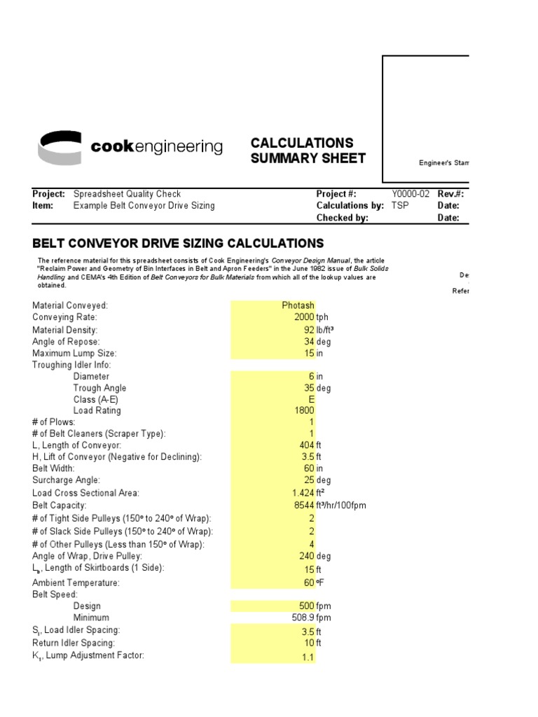 Calculations Summary Sheet Belt Conveyor Drive Sizing Calculations PDF Belt (Mechanical
