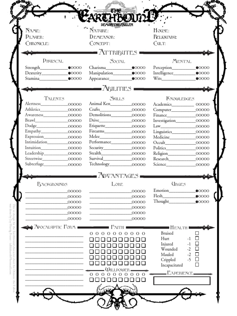 DemonTheFallenEarthboundCharacterSheet PDF | PDF | Role Playing Games | Gaming