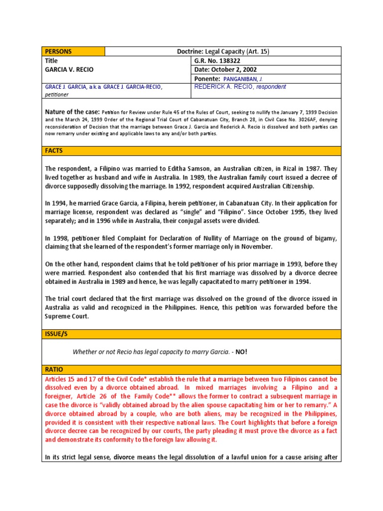 Legal Capacity in Garcia v. Recio Case | PDF | Divorce | Marriage