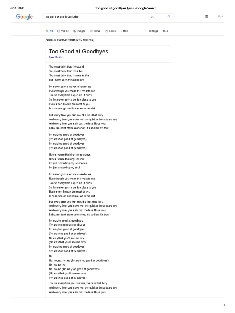 Too Good At Goodbyes Lyrics Google Search Pdf Music Industry Recorded Music