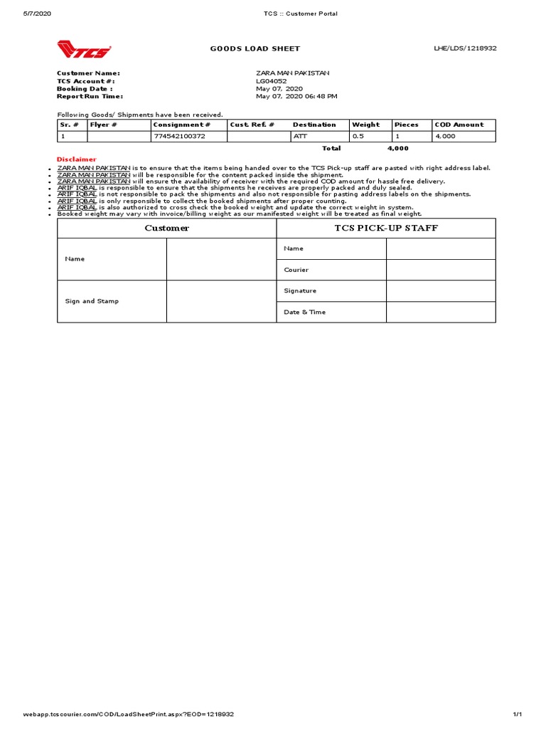 Customer Tcs Pick-Up Staff: Goods Load Sheet | PDF | Freight Transport ...
