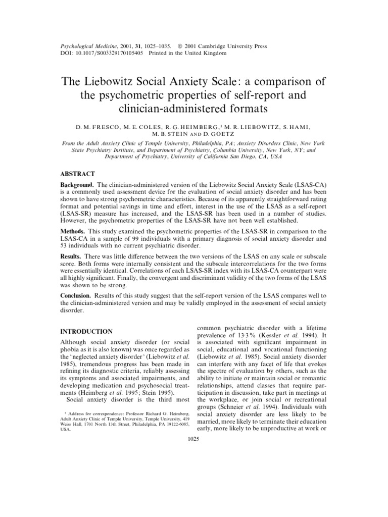 The Liebowitz Social Anxiety Scale: A Comparison of The Psychometric ...