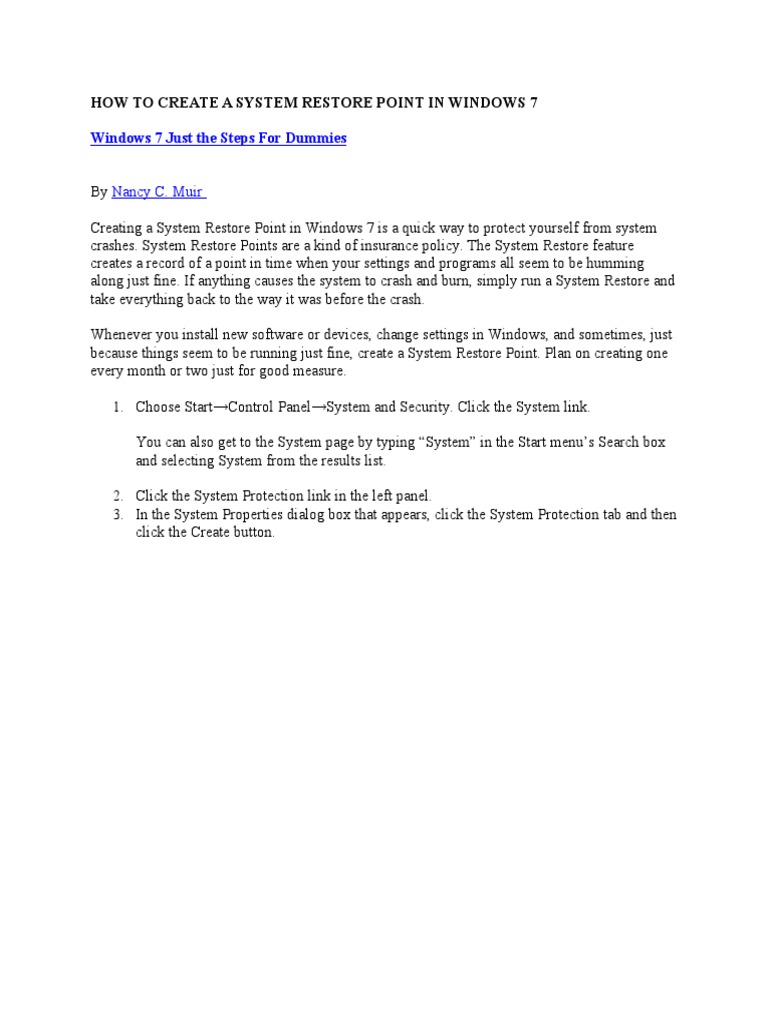 Create System Restore Point in Windows 7 | PDF