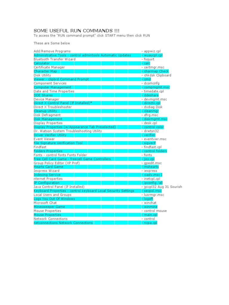 Some Useful Run Commands | PDF | Microsoft Windows | Windows Registry