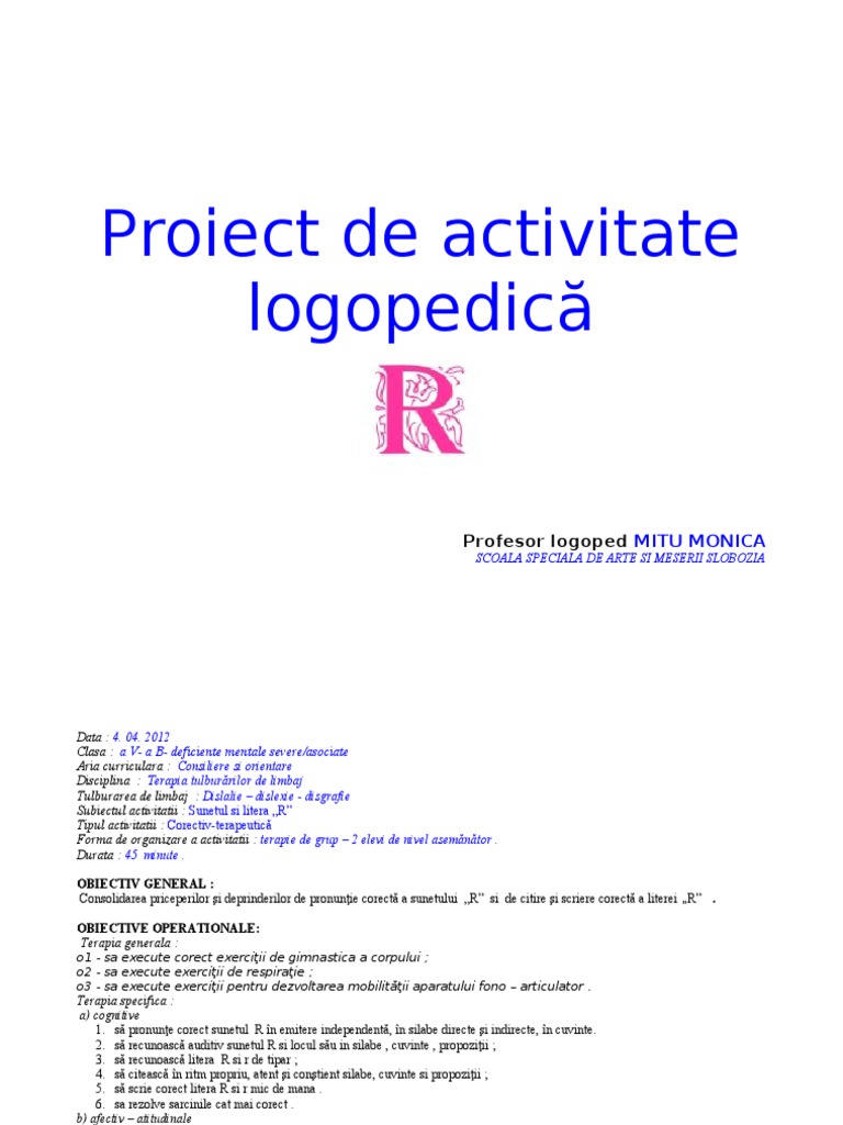 R Consolidarea Sunetului Si Literei R Plan de Activitate Logopedica | PDF