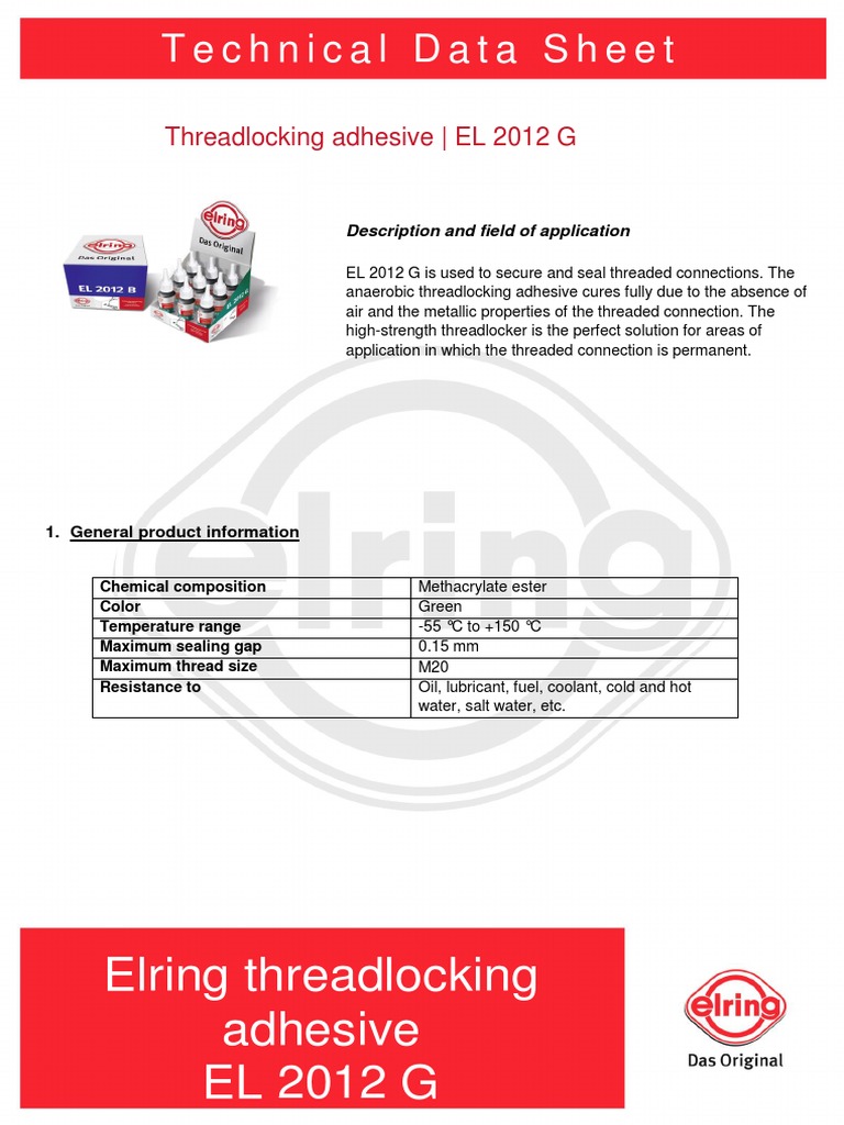Elring Threadlocking Adhesive EL 2012 G: Technical Data Sheet | PDF ...