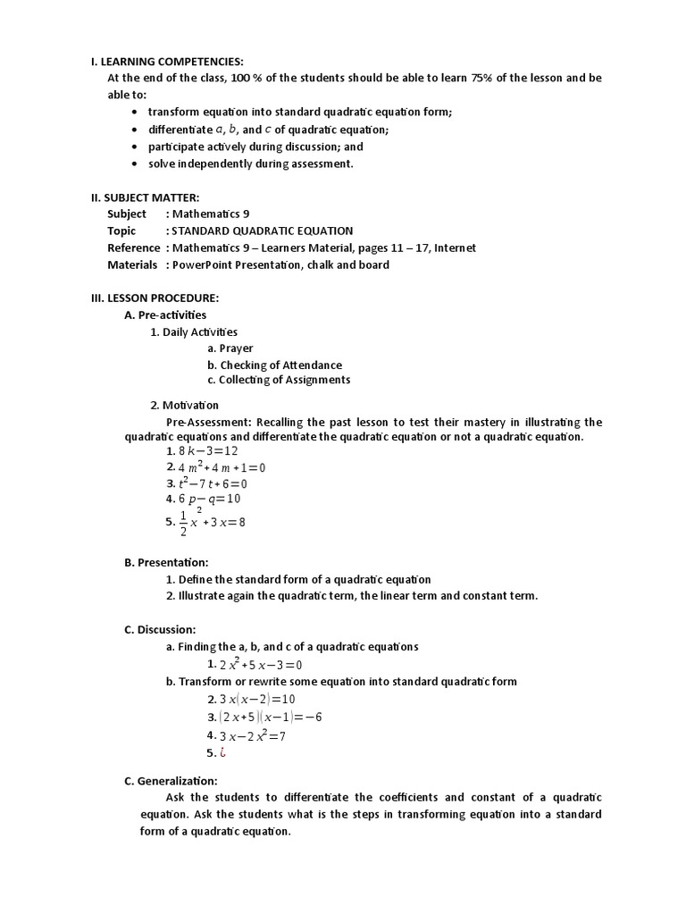 Standard Form of Quadratic Equation PDF Quadratic Equation Equations