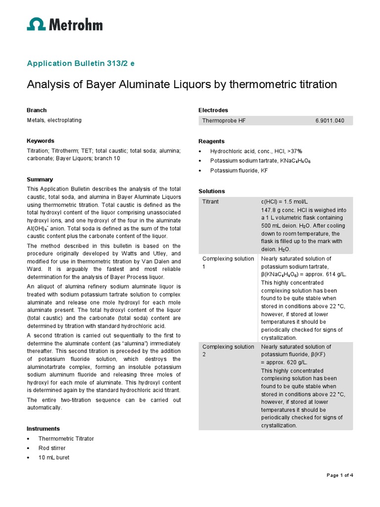 Bayer Liquor Analysis via Titration | PDF | Titration | Chemistry